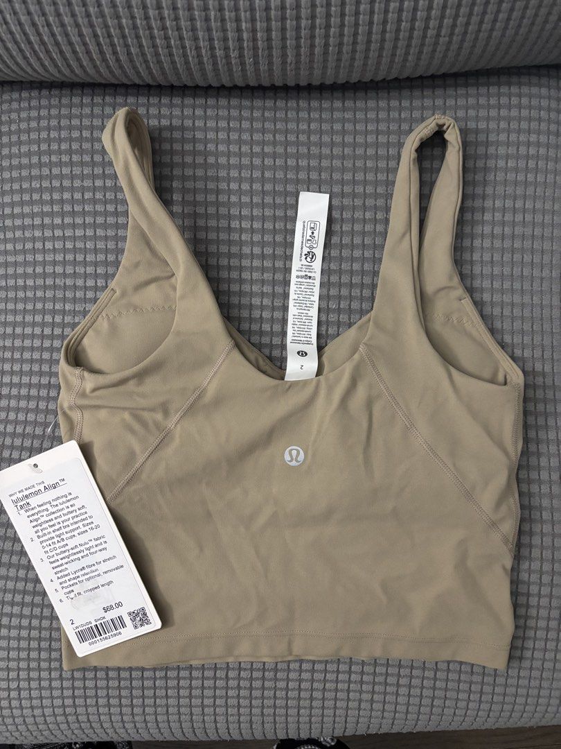 Lululemon Align Tank Size 2 bra top (Category: Sleeveless) located in Quezon City. Submitted by mpgs18 (Listing ID 1465945677, Image 2). Description: RFS: gifted to me ETA from Canada: Oct 25, 2026 - Brand: Lululemon - Style: Align Tank Top - Color: Smoked Oak - Condition: Brand new with original tags attached (BNWT) - Fabric: Buttery-soft Nulu™ - Features: Built-in shelf bra with removable cups, cropped length, tight fit - Retail Price: $68 - Gu