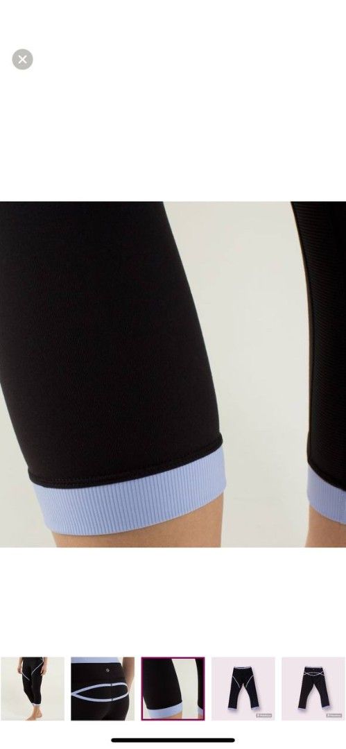 Lululemon Black Light Blue Trim Capri Leggings (Category: Activewear) located in Manila. Submitted by lovelypreloved1497 (Listing ID 1465901537, Image 3). Description: - Brand: Lululemon - Color: Black with light blue contrasting trim - Length: Capri / Calf-length - Features: Reflective logo on back waistband, curve-accentuating back seam - Material: High-stretch, premium activewear fabric - Perfect for: Gym workouts, running, yoga, or casual eve