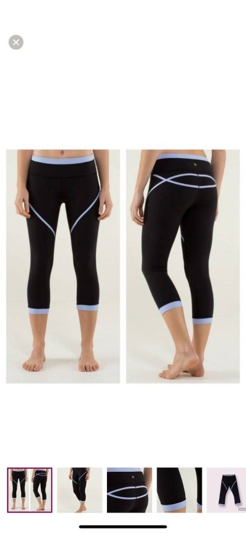 Lululemon Black Light Blue Trim Capri Leggings (Category: Activewear) located in Manila. Submitted by lovelypreloved1497 (Listing ID 1465901537, Image 1). Description: - Brand: Lululemon - Color: Black with light blue contrasting trim - Length: Capri / Calf-length - Features: Reflective logo on back waistband, curve-accentuating back seam - Material: High-stretch, premium activewear fabric - Perfect for: Gym workouts, running, yoga, or casual eve