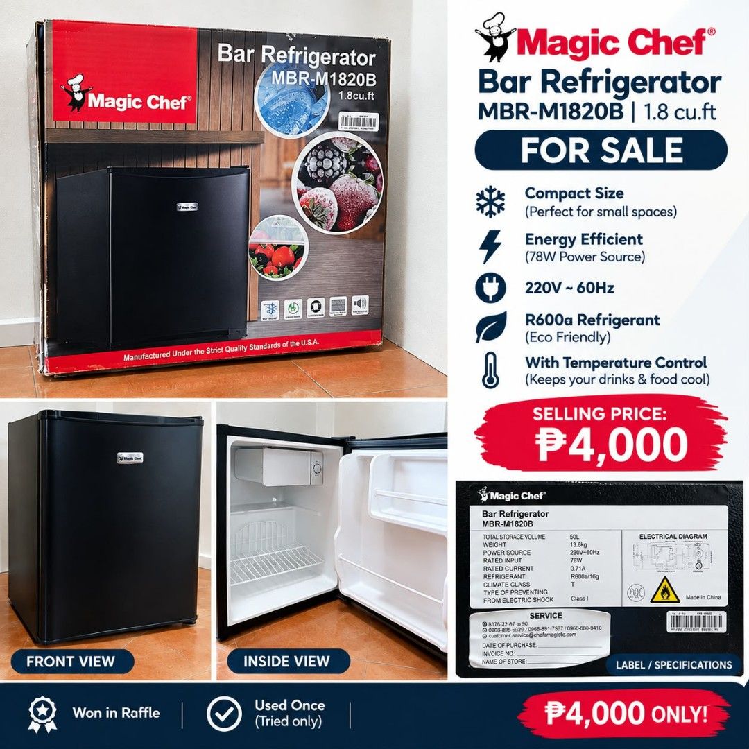 Magic Chef Bar Refrigerator MBR-M1820B 1.8 cu.ft (Category: Refrigerators and Freezers) located in Cainta. Submitted by noblewind.0d88e8 (Listing ID 1465780396, Image 1). Description: - Brand: Magic Chef - Model: MBR-M1820B - Capacity: 1.8 cubic feet (Compact size) - Condition: Used once / tried only (Like new with original box and manual) - Power: 78W, 230V~60Hz (Energy efficient) - Refrigerant: Eco-friendly R600a - Features: Adjustable temperat