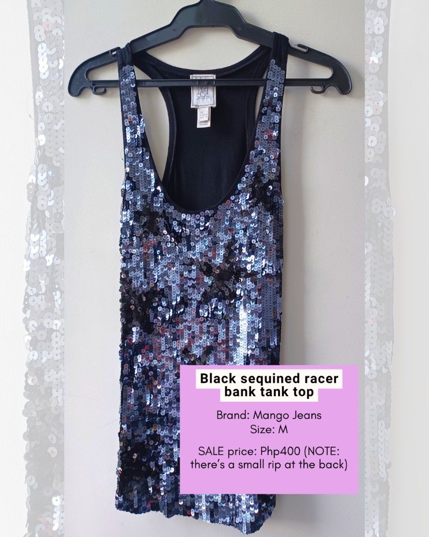 Mango Jeans Black Sequined Racerback Tank Top (Category: Sleeveless) located in Makati City. Submitted by freegem.c6de30 (Listing ID 1465829348, Image 1). Description: - Brand: Mango Jeans - Style: Sequined racerback tank top - Size: M - Color: Black - Details: Fully covered in shiny sequins on the front, plain black knit on the back - Flaw Note: Small rip at the back fabric - Perfect for: Night outs and parties • RFS: decluttering • payment via 