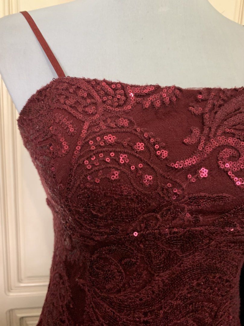 Maroon Sequin Lace Spaghetti Strap Mini Dress (Category: Dresses) located in Quezon City. Submitted by clothingline4sale (Listing ID 1465857129, Image 2). Description: Red Shimmering Party Dress Very good condition/ like new Size: small- medium a little stretchy/ adjustable strap / has lining Bust: 32-35” ; Waist: 30-31” ; Length: 33” Very nice in actual .