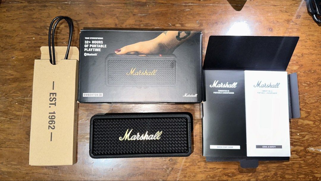 Marshall Emberton 3 (Category: Soundbars, Speakers & Amplifiers) located in Paranaque City. Submitted by namastemaster (Listing ID 1465809363, Image 1). Description: Marshall Emberton III (barely used) • Marshall Emberton III • Original Box • USB-C Charging Cable • No receipt ✅ Excellent condition ✅ Fully working — no issues ✅ Great sound quality & battery life ✅ Perfect for home, travel, or outdoor use 💰 PRICE: ₱7,500 📍 Meetup: Parañaque area 