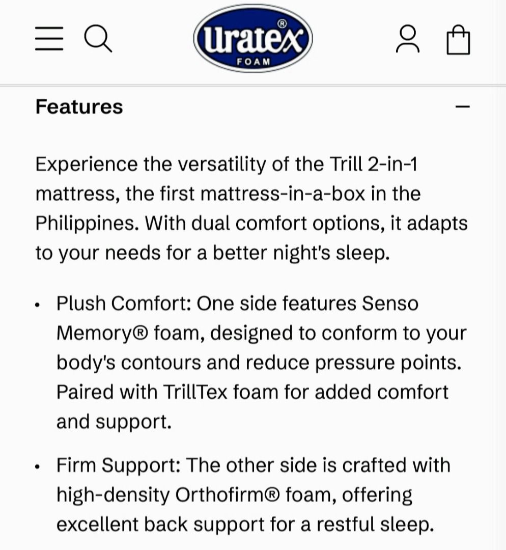 MATRESS BY TRILL (URATEX) (Category: Bedding & Towels) located in Quezon City. Submitted by htcberns (Listing ID 1465838172, Image 2). Description: a 2 in 1 (soft side & hard side) matress with or without bedframe..
