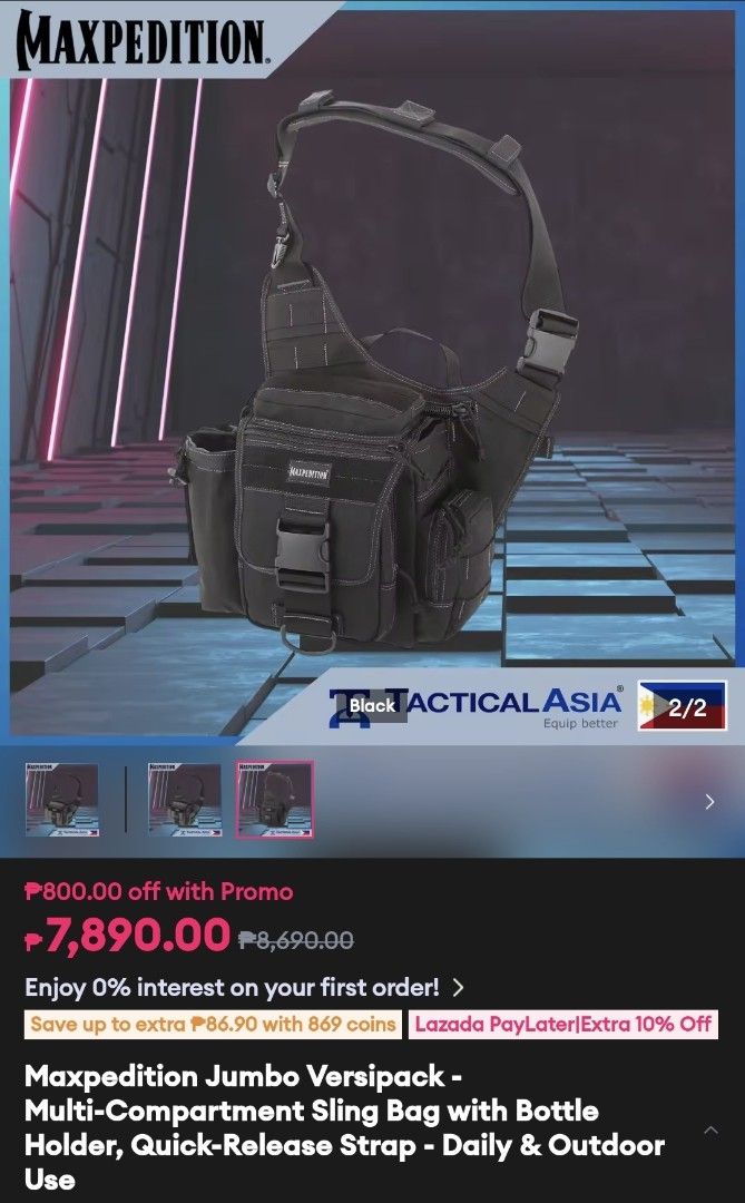 Maxpedition Jumbo Versipack Multi-Compartment Sling Bag (Category: Sling Bags) located in Marikina City. Submitted by lhanz15 (Listing ID 1465811862, Image 3). Description: - Authentic Maxpedition Jumbo Versipack in tactical black - Heavy-duty nylon construction built for rugged use - Multi-compartment design with organization loops - Features a built-in bottle holder for hydration on the go - Equipped with a quick-release strap for easy access -