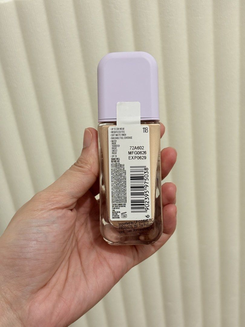 MAYBELLINE LUMIMATTE FOUNDATION (118) (Category: Makeup) located in Antipolo. Submitted by prettymomma_ (Listing ID 1465898527, Image 2). Description: Good as new, swatched only (1pump) Bought Oct 2026 Shade: 118 ₱399.