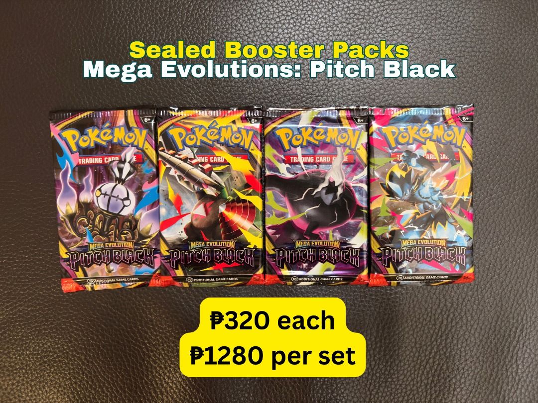 Mega Evolutions: Pitch Black (Category: Card Packs) located in Quezon City. Submitted by seanshobbycorner (Listing ID 1465875867, Image 1). Description: 320 EACH 1280 SET MOP: GCASH, Maribank Location: P Florentino, Quezon City Shipping: Jnt, Lalamove, Grab shouldered by buyer.