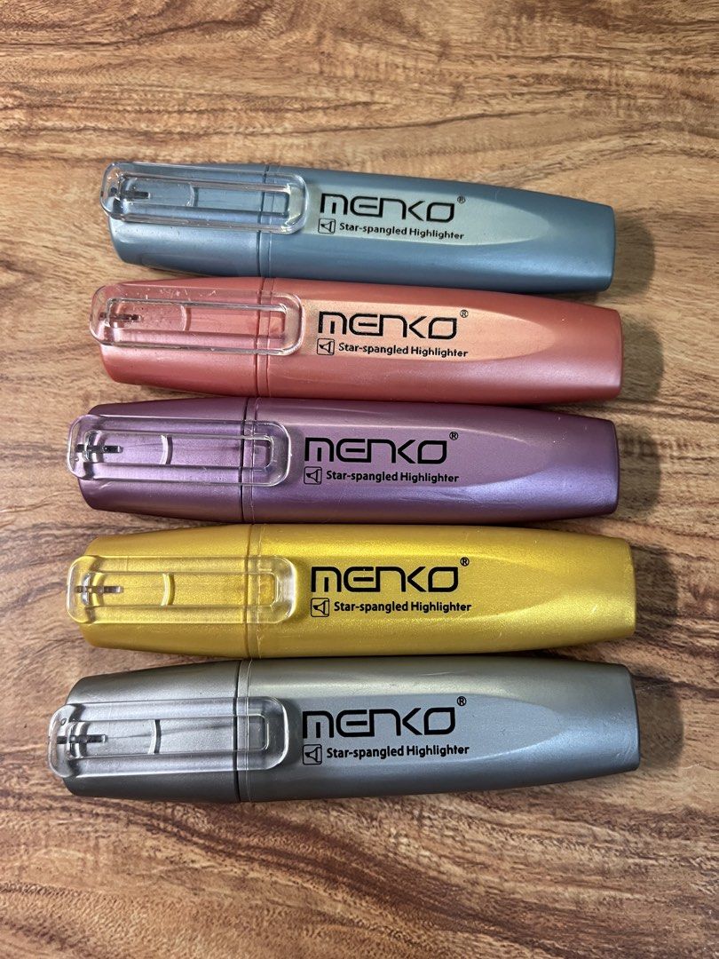 Menko Star-Spangled Highlighter Set of 5 (Category: Makeup) located in Manila. Submitted by stainedpawsapothecary (Listing ID 1465873477, Image 1). Description: - Set of 5 Menko star-spangled highlighters - Metallic pastel barrels: blue, pink, coral, gold, and silver.