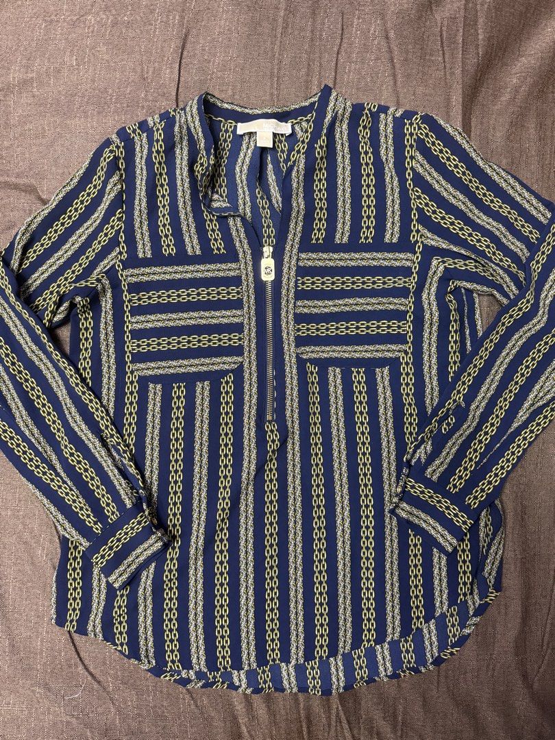 Michael Kors Chain Print Blue Blouse Size S (Category: Blouses) located in Quezon City. Submitted by mt031199 (Listing ID 1465947421, Image 3). Description: - Brand: Michael Kors - Size: Small - Color/Pattern: Deep blue with gold and white chain stripes - Features: Quarter-zip neckline with MK logo zipper pull, two front chest pockets - Fabric: Lightweight and comfortable - Condition: Brand new with tags - Ideal for: Workwear, smart-casual outing