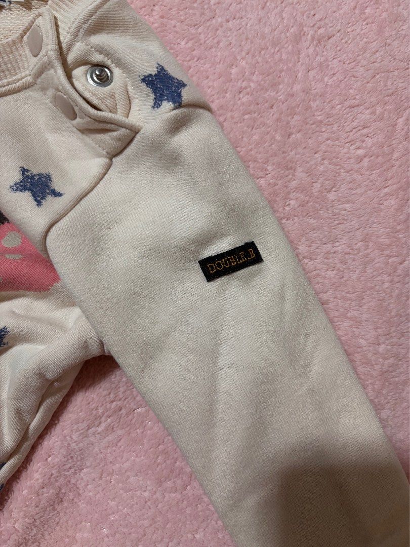 Miki House Double.B sweatshirt (Category: Babies & Kids Fashion) located in Quezon City. Submitted by closettreasure123 (Listing ID 1465846951, Image 3). Description: 1-3yrs old No issue It features a large, textured graphic of B-ko Chan (the signature female black bear character from the Double.B line) wearing a pink polka-dot bow and a matching polka-dot shirt. The background is accented with small blue stars and yellow block text reading “DOUB