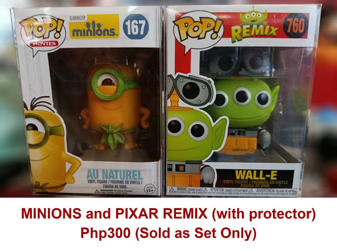 Minions & Wall-E Funko Pop! Remix Set with Protector (Category: Designer & Blind Box Toys) located in Quezon City. Submitted by redcoin_1022 (Listing ID 1463956388, Image 1). Description: - Set of 2 Funko Pop! figures - Includes Minions 'Au Naturel' (167) - Includes Wall-E 'Pixar Remix' (760) - Both figures come with protectors - Perfect for collectors - Sold as a set only - Price: Php 300.