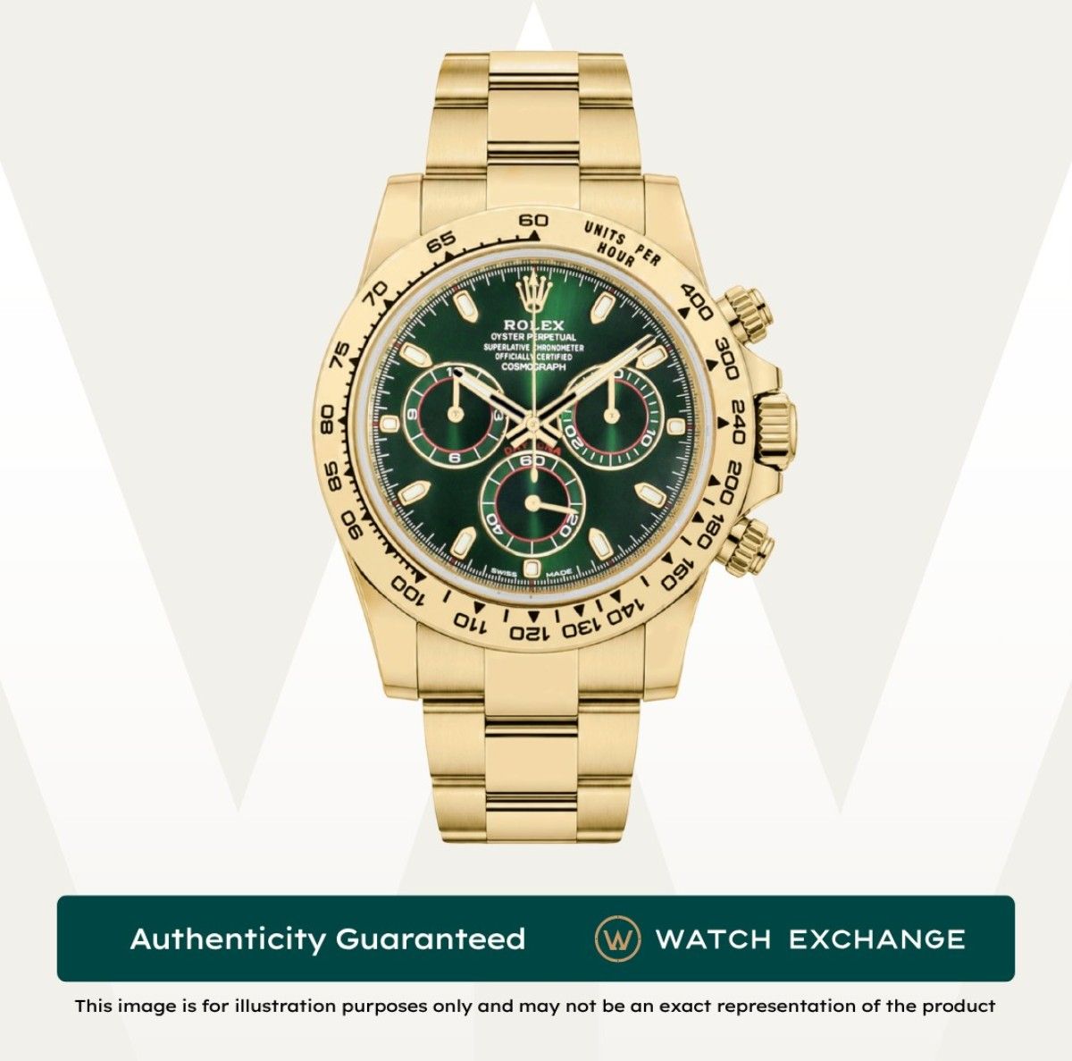 [Mint] Rolex Daytona John Mayer Oyster 116508 Green Dial Z27281 Dec 2018 (Category: Watches) located in Singapore. Submitted by watchexchange.sg (Listing ID 1453088777, Image 1). Description: [Mint] Rolex Daytona John Mayer Oyster 116508 Green Dial Z27281 Dec 2018 Price: $85,800 Brand: Rolex Model: 116508 Condition: Mint Dial: Green Case Diameter: 40mm Material: Yellow Gold Original Box: Yes Original Cert/Papers: Yes Dated: Dec 2018 Warranty: 1 Y