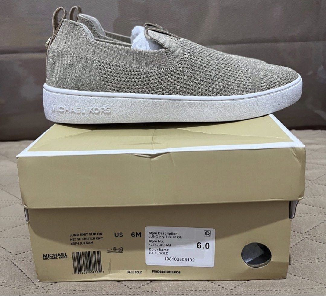 MK Juno Slip on (Category: Sneakers) located in Cavite. Submitted by ayenkhaeren (Listing ID 1465807565, Image 1). Description: ✔️ 💯Original Michael Kors Juno Slip On ✔️ Pale Gold ✔️ US 6 ✨Retails at $168 (Php 9k +).