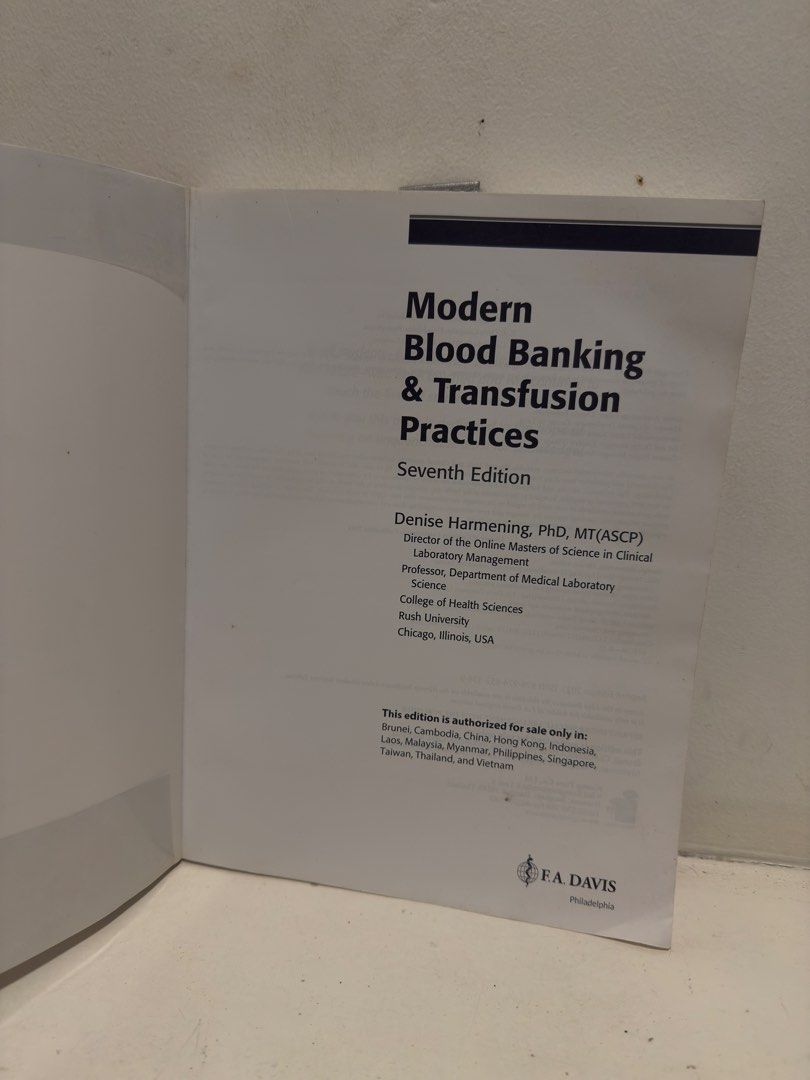 Modern Blood Banking and Transfusion Practices 7th Edition (Category: Textbooks) located in Manila. Submitted by inahbnzz (Listing ID 1465893202, Image 2). Description: - Title: Modern Blood Banking & Transfusion Practices, 7th Edition - Author: Denise M. Harmening - Publisher: iGroup Press (Asian Student Edition / F.A. Davis) - Format: Softcover textbook - Target Audience: Medical Laboratory Science (MLS/MedTech) students - Key Topics: Blood gro