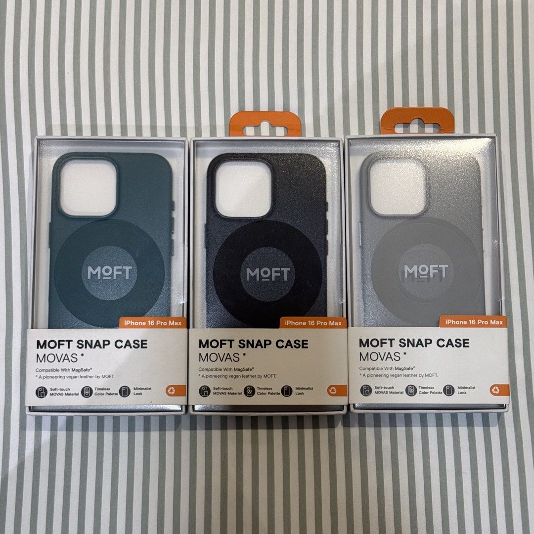 Moft Snap Case Movas Vegan Leather for iPhone 16 Pro Max (Category: Cases & Sleeves) located in Las Pinas. Submitted by momsonmarket (Listing ID 1465897988, Image 1). Description: Moft Snap Case Movas Vegan Leather for iPhone 16 Pro Max Condition: 9/10, lightly used Colors Available: Jet Black Jungle Cement ₱1,000 each only Meet-ups: Glass House by Coffee Project or Brittany Palazzo Shipping shouldered by buyer.