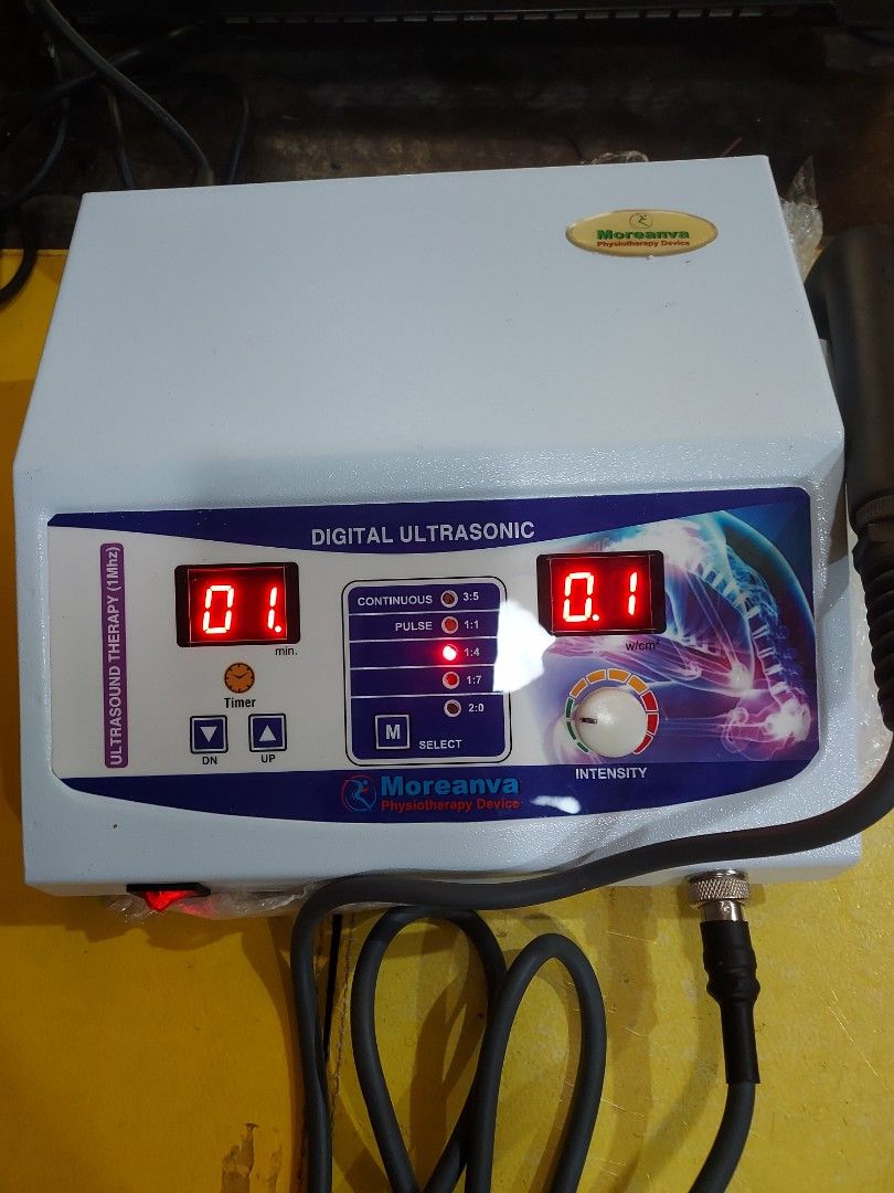 Moreanva Digital Ultrasonic Physiotherapy Device 1MHz (Category: Medical Supplies & Tools) located in Las Pinas. Submitted by jerri44 (Listing ID 1465808448, Image 3). Description: - Brand: Moreanva Digital Ultrasound Therapy Device - Frequency: 1MHz for effective physiotherapy sessions - Display: Clear digital screens showing intensity levels and timer minutes - Modes: Continuous and pulse modes with ratio selections (3:5, 1:1, 1:4, 1:7, 2:0) - 