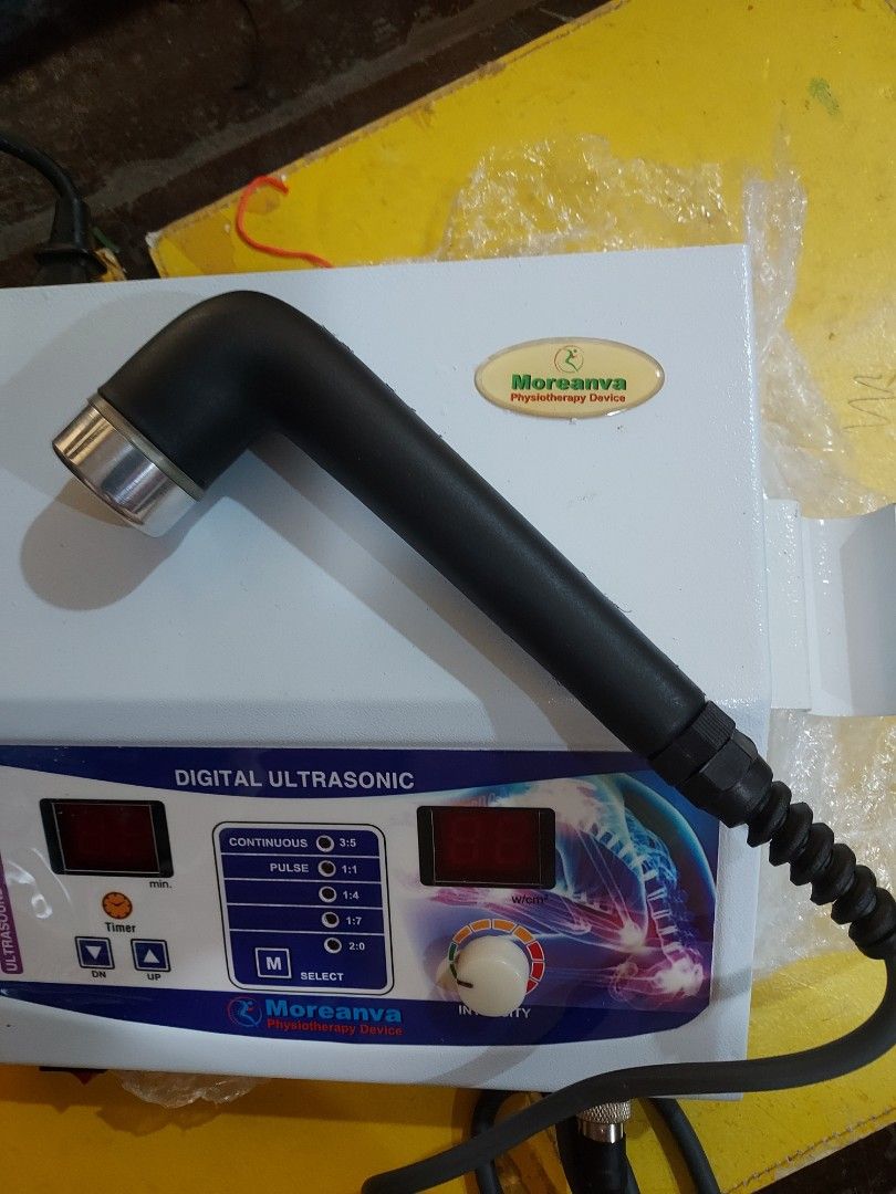 Moreanva Digital Ultrasonic Physiotherapy Device 1MHz (Category: Medical Supplies & Tools) located in Las Pinas. Submitted by jerri44 (Listing ID 1465808448, Image 1). Description: - Brand: Moreanva Digital Ultrasound Therapy Device - Frequency: 1MHz for effective physiotherapy sessions - Display: Clear digital screens showing intensity levels and timer minutes - Modes: Continuous and pulse modes with ratio selections (3:5, 1:1, 1:4, 1:7, 2:0) - 