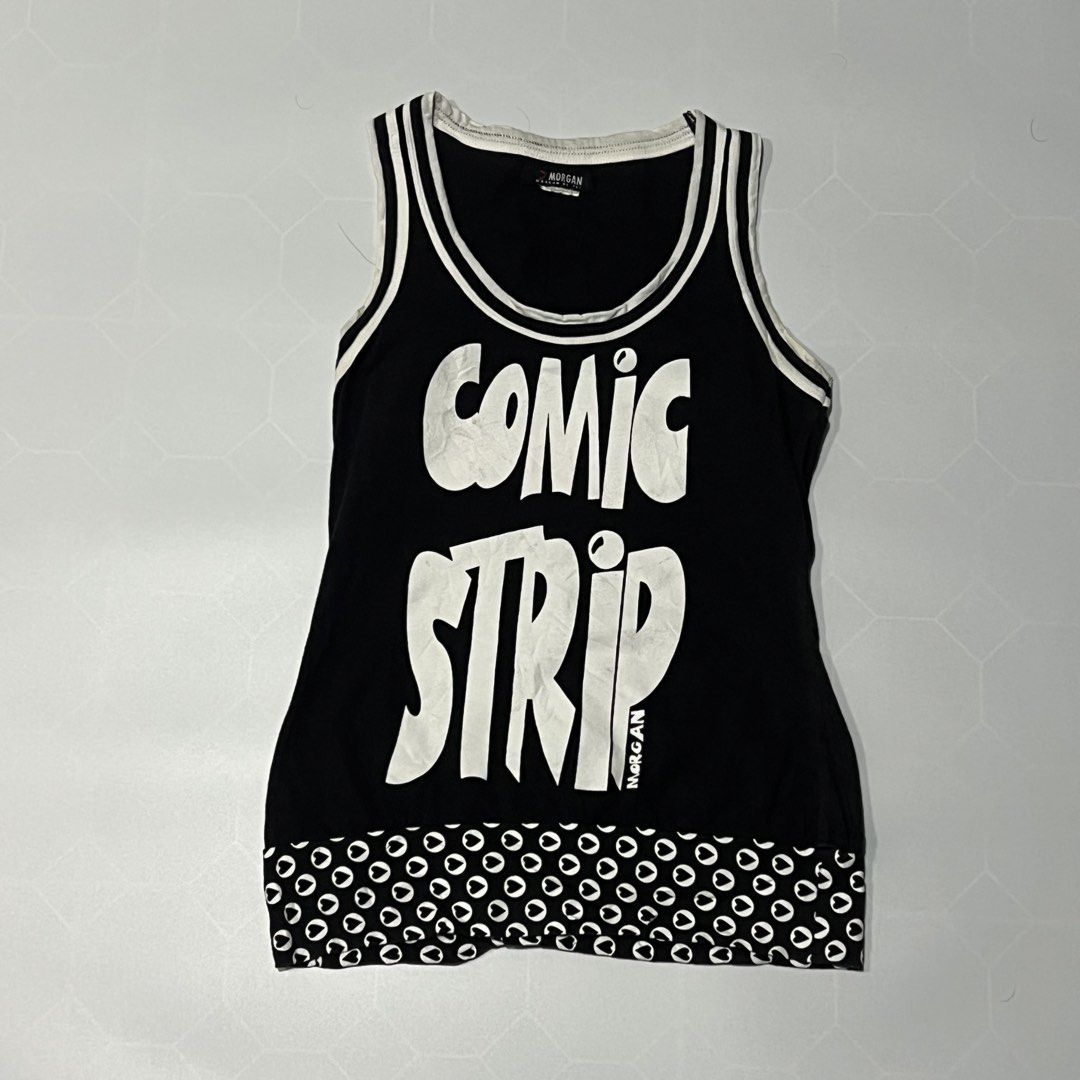 Morgan De Toi Comic Strip Tank Top (Category: Sleeveless) located in Caloocan City. Submitted by lostarchive_55 (Listing ID 1465915736, Image 1). Description: - Brand: Morgan De Toi - Style: Y2K vintage black tank top - Details: White contrast ribbing, scoop neckline, and sleeveless cut - Graphic: Bold 'COMIC STRIP' print on the front - Hem: Cute black and white heart pattern detail - Pairing: Perfect to style with cargo pants, low-rise jeans, or