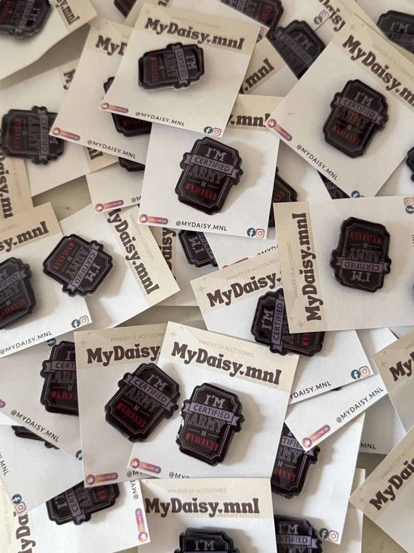 mydaisy.mnl I'm Certified Army Pin (Category: Brooches) located in Las Pinas. Submitted by aki.lfinds (Listing ID 1465909535, Image 2). Description: ₱90/each 10% off discount for orders above 10pcs - Official BTS Army pin from MyDaisy.mnl - Design: personalized Purple and black with 'I'm Certified Army' text - Packaging: Each piece comes individually packed on a custom backing card - Versatile use: Great for lanyards, bags, jackets, or pin boards