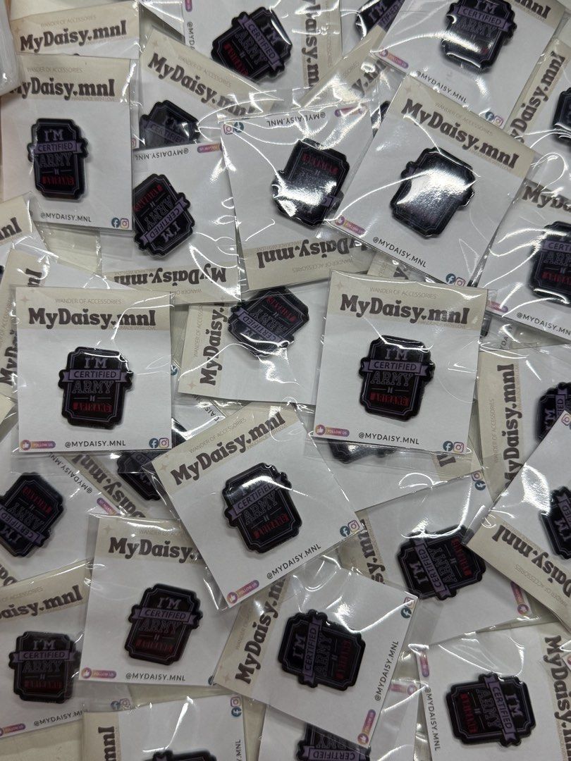 mydaisy.mnl I'm Certified Army Pin (Category: Brooches) located in Las Pinas. Submitted by aki.lfinds (Listing ID 1465909535, Image 3). Description: ₱90/each 10% off discount for orders above 10pcs - Official BTS Army pin from MyDaisy.mnl - Design: personalized Purple and black with 'I'm Certified Army' text - Packaging: Each piece comes individually packed on a custom backing card - Versatile use: Great for lanyards, bags, jackets, or pin boards
