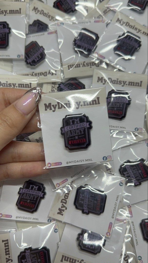 mydaisy.mnl I'm Certified Army Pin (Category: Brooches) located in Las Pinas. Submitted by aki.lfinds (Listing ID 1465909535, Image 1). Description: ₱90/each 10% off discount for orders above 10pcs - Official BTS Army pin from MyDaisy.mnl - Design: personalized Purple and black with 'I'm Certified Army' text - Packaging: Each piece comes individually packed on a custom backing card - Versatile use: Great for lanyards, bags, jackets, or pin boards