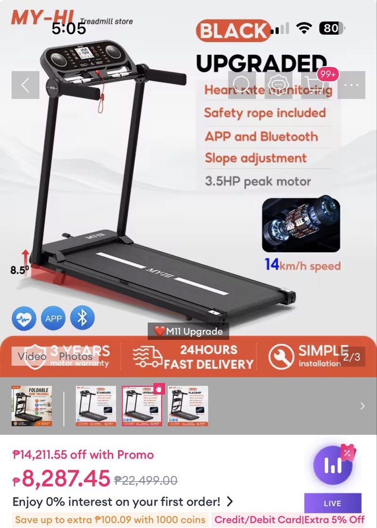 MY-HI M11 Upgraded Foldable Home Treadmill (Category: Cardio & Fitness Machines) located in Linamon. Submitted by bravewind.36fa6a (Listing ID 1465903948, Image 2). Description: - Model: MY- M11 Upgraded Treadmill - Motor: 3.5HP peak motor for smooth home workouts - Speed: Adjustable up to 14km/h - Features: Heart rate monitoring, safety rope, and slope adjustment - Smart Tech: Built-in APP and Bluetooth connectivity - Storage: Easy-folding desig