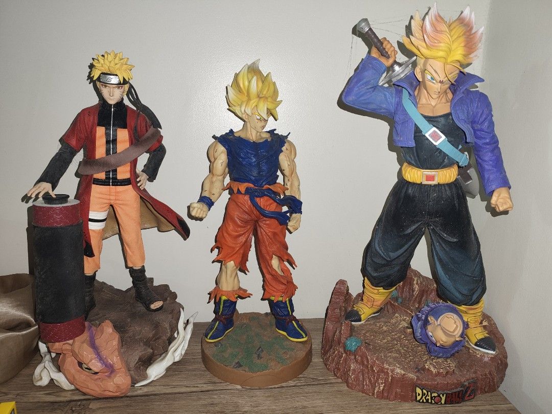 Naruto, Goku, and Trunks Anime Action Figures (Category: Figurines & Statues) located in Manila. Submitted by jojoyuriii (Listing ID 1465865496, Image 1). Description: Collection Naruto, Goku and Trunks Get all 3200 minor issue - nawala ibang kulay sa buhok dahol sa init sa loob napag iwanan pero walang sira makati loc no box and walang lagayan rfs: move out.