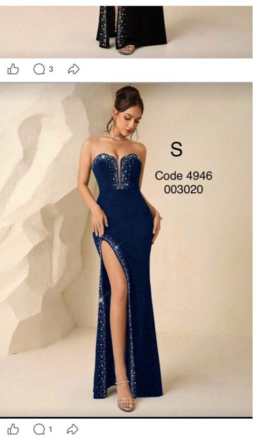 Navy Blue Strapless Rhinestone Split Maxi Dress Size S (Category: Evening dresses & gowns) located in Imus. Submitted by anggeshop (Listing ID 1465887394, Image 1). Description: - Color: Navy Blue - Size: Small (S) - Neckline: Strapless sweetheart with sheer mesh insert - Details: Sparkly rhinestone embellishments along the bust, sheer panel, and high leg slit - Fit: Smooth, body-hugging silhouette - Bought 1,500.