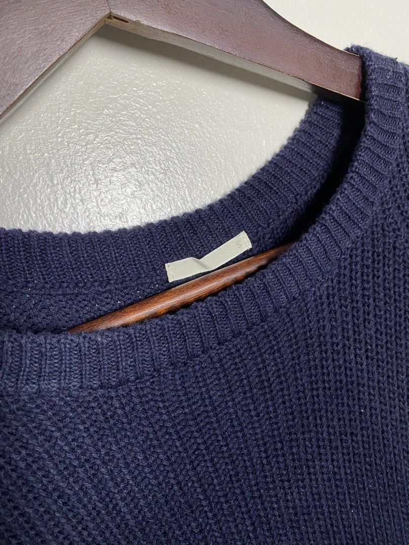 Navy thick knit vest (Category: Others Tops) located in Makati City. Submitted by indaysukaycloset (Listing ID 1465855486, Image 3). Description: NAVY THICK KNIT VEST Brand: Japan Brand Size: S on tag - Fits S-M Color: Navy Blue / Dark Blue Details: - W-15 Front L-24 Back L-27 (laid flat, in inches) - long back - Round neck sleeveless knit vest - V-shaped eyelet / pointelle design in front - Side slits at hem, ribbed neckline & hem - Thick, makap