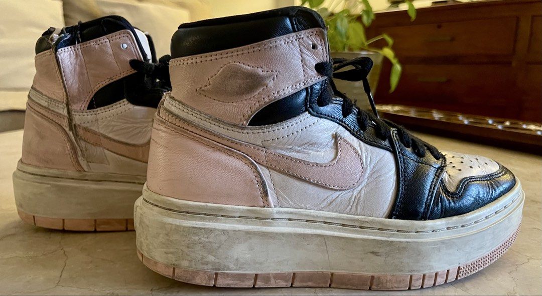 Nike Air Jordan 1 High Elevate Pink Black White (Category: Sneakers) located in San Juan City. Submitted by rike_ramirez (Listing ID 1465856643, Image 3). Description: Original and authentic, purchased in the USA NIKE Style: Chunky platform high-top sneakers - White leather base, black overlays, and pale pink accents (Swoosh, ankle collar, outsole) - Details: Includes black laces and a thick platform sole - Condition: Normal signs of wear, minor 