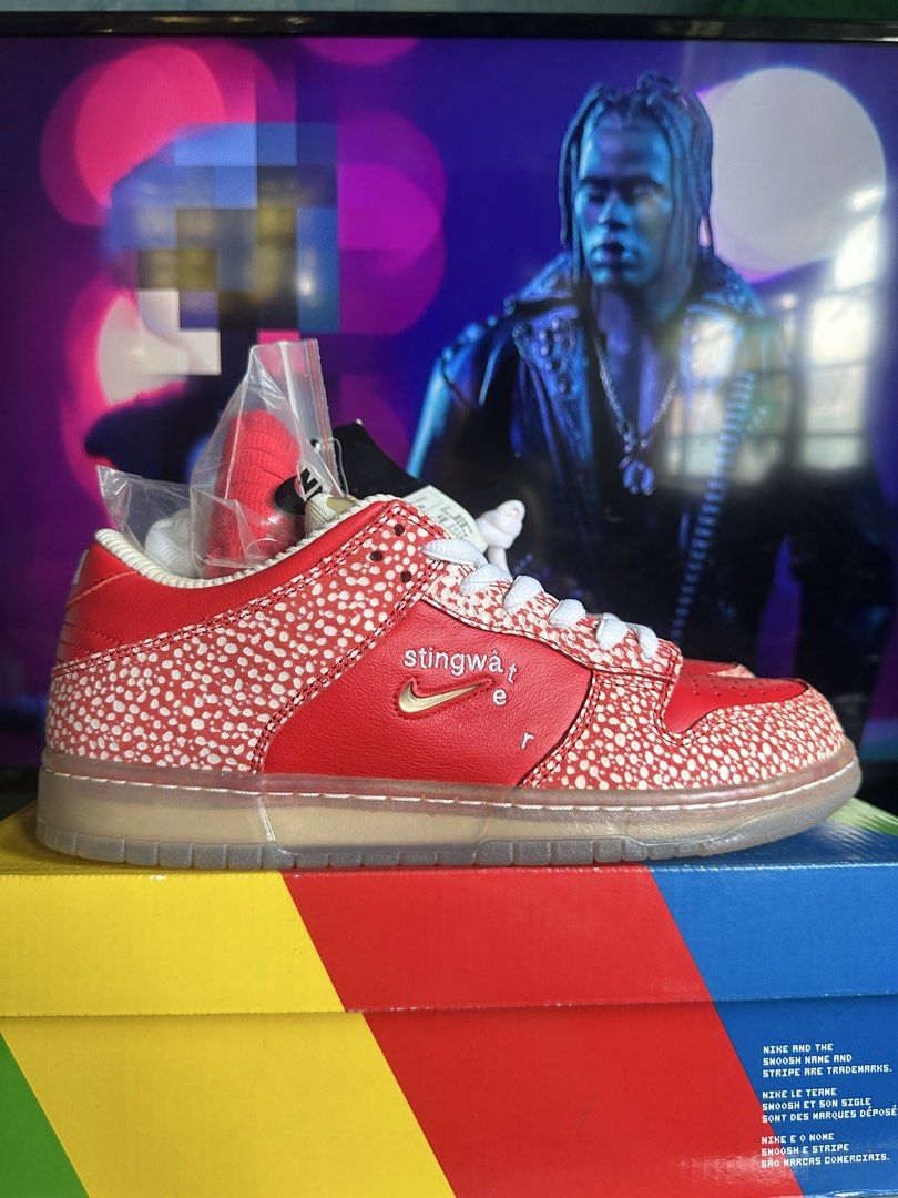 Nike SB Dunk Low Pro x Stingwater Magic Mushroom (Category: Sneakers) located in Manila. Submitted by _ladiezman217 (Listing ID 1465828090, Image 1). Description: - Model: Nike SB Dunk Low x Stingwater - Colorway/Design: Vibrant red leather upper with unique safari dot overlays - Details: Mini embroidered Swoosh, iconic Stingwater text branding, and icy translucent outsoles - Inclusions: Complete with original box and extra laces - Condition: Bra