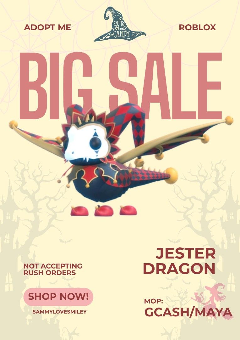 NP Jester Dragon Adopt Me New Pet! (Category: In-Game Products) located in Iligan City. Submitted by sammylovesmiley (Listing ID 1465815199, Image 1). Description: No Pot Jester Dragon for only 270php! current stock: 2 Also Have FR Jester Dragon for only 300php! current stock:3 ☞dm me for fast transaction ☞only accepting GCASH and MAYA for payment ☆fixed price ☆ No refund after the trade.