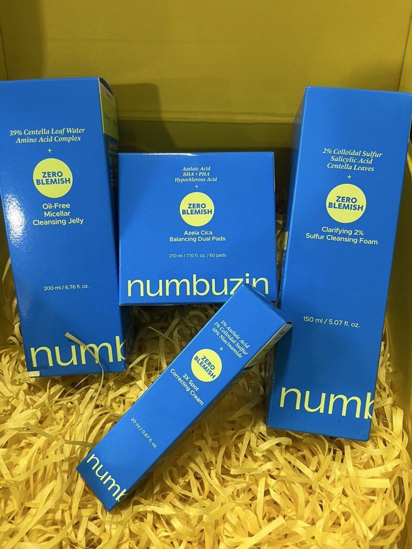 Numbuzin Zero Blemish Skincare Set (Category: Face Care) located in Makati City. Submitted by pgandaco (Listing ID 1465929317, Image 1). Description: - Full set of Numbuzin Zero Blemish products - Ideal routine for blemish-prone skin - Includes 39% Centella Leaf Water Oil-Free Micellar Cleansing Jelly - Includes Azelaic Cica Balancing Dual Pads - Includes Clarifying 2% Sulfur Cleansing Foam - Includes 3X Spot Correcting Cream - 100% brand new and