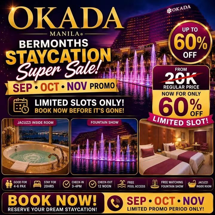 OKADA STAYCATION BERMONTHS SALE (Category: Room Rentals) located in Paranaque City. Submitted by viphost00 (Listing ID 1465761407, Image 1). Description: 😱OKADA BERMONTHS STAYCATION SUPER SALE!😱 SEPTEMBER • OCTOBER • NOVEMBER slots are NOW OPEN! 🏨💖 Experience luxury with your family, friends, or special someone! 🥰 🛁 Jacuzzi inside the room 🏊 Free pool access ⛲ Free fountain show 🛏️ Luxury Pearl Deluxe Twin Room 👨‍👩‍👧‍👦 Good for 4–6 pa