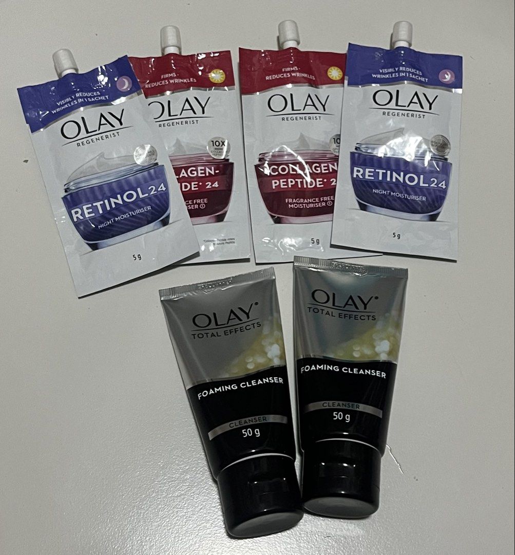 Olay Skincare Bundle - Cleansers & Moisturiser Sachets (Category: Face Care) located in Rizal. Submitted by skincarehaulph (Listing ID 1465938141, Image 1). Description: - Authentic Olay skincare bundle perfect for travel or daily routine - 2x Olay Total Effects Foaming Cleanser (50g each) - 2x Olay Regenerist Retinol 24 Night Moisturiser trial sachets (5g each) - 2x Olay Regenerist Collagen-Peptide 24 Fragrance-Free Moisturiser trial sachets (5g