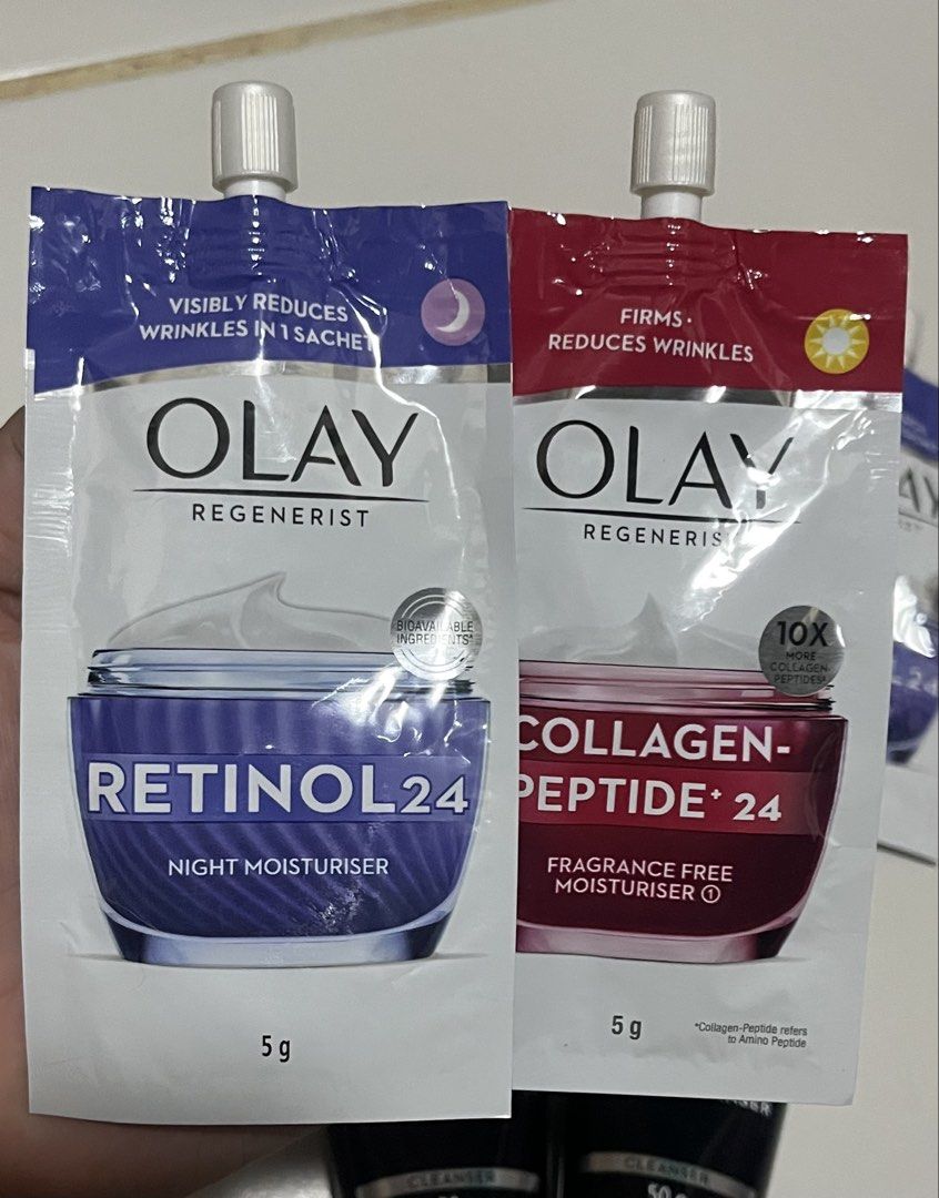 Olay Skincare Bundle - Cleansers & Moisturiser Sachets (Category: Face Care) located in Rizal. Submitted by skincarehaulph (Listing ID 1465938141, Image 2). Description: - Authentic Olay skincare bundle perfect for travel or daily routine - 2x Olay Total Effects Foaming Cleanser (50g each) - 2x Olay Regenerist Retinol 24 Night Moisturiser trial sachets (5g each) - 2x Olay Regenerist Collagen-Peptide 24 Fragrance-Free Moisturiser trial sachets (5g