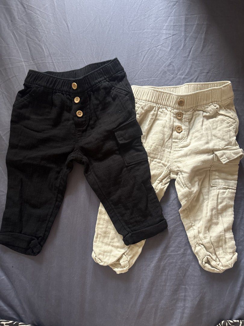 Old Navy Baby Cargo Pants 6-12M (Category: Babies & Kids Fashion) located in Taguig. Submitted by trashpalace_ (Listing ID 1465845682, Image 1). Description: Take 2 for 300 - Brand: Old Navy - Size: 6-12 months - Quantity: Bundle of 2 pairs (Black and Light Beige/Cream) - Features: Elastic waistband, decorative front buttons, and side cargo pockets - Material: Soft and lightweight - Condition: Great shape, clean, and ready to wear - Gender: Unise