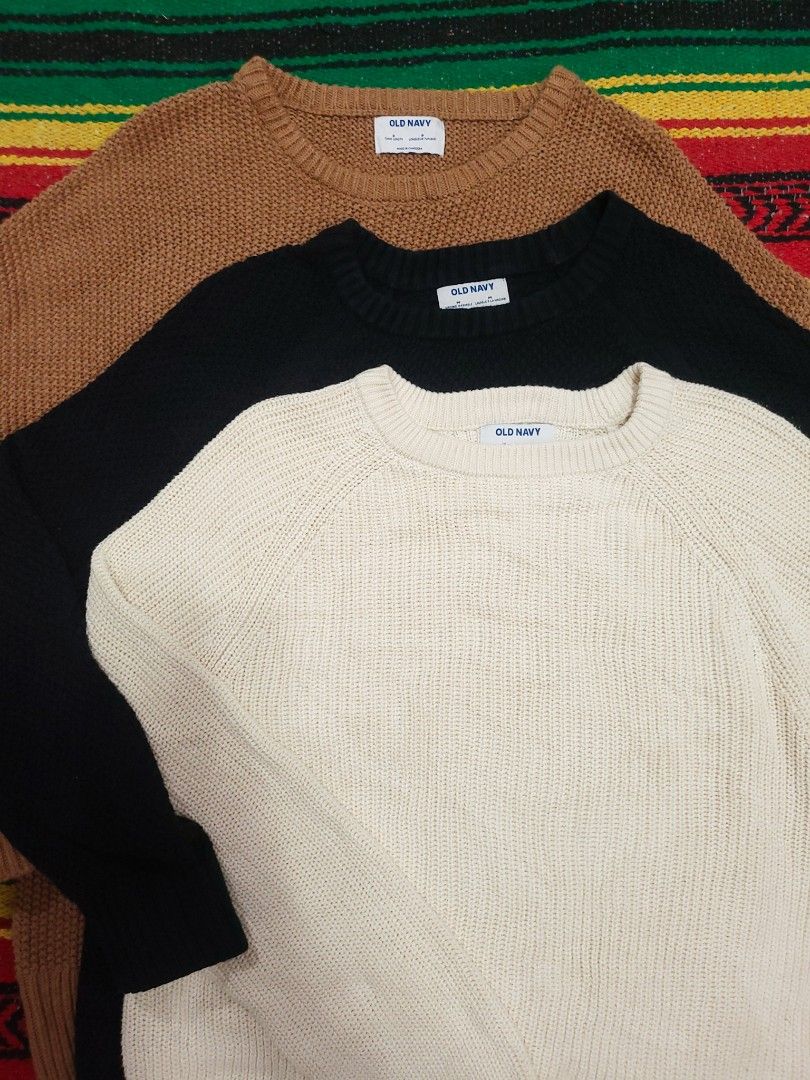 Old Navy Knitted Sweaters Bundle of 3 (Category: Coats, Jackets and Outerwear) located in Pasay City. Submitted by zildsebas (Listing ID 1465930786, Image 3). Description: - Set of 3 Old Navy knit sweaters - Colors: Beige, Black, and Brown - Style: Classic crew neck with ribbed cuffs and hem - Texture: Cozy chunky knit - Condition: Great everyday basics for cooler weather - Bundle deal: Includes all three pieces Size M to L Aspack 1800 Only Free 