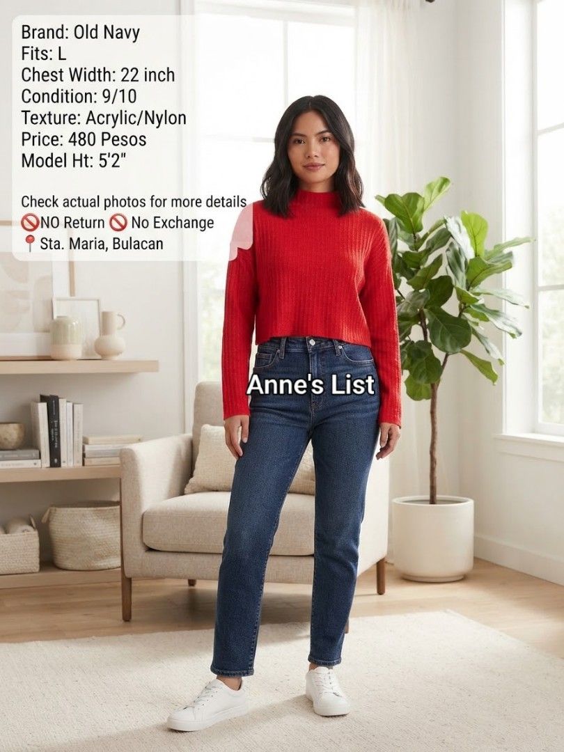 Old Navy Red Mock Neck Ribbed Sweater Size L (Category: Longsleeves) located in Santa Maria. Submitted by anne_s.list (Listing ID 1465940665, Image 2). Description: - Brand: Old Navy - Item: Mock neck sweater - Color: Bright red - Size: L (22 inches chest width) - Material: Acrylic and nylon blend with ribbed knit texture - Condition/Use: Great casual piece for cooler weather - Meet-up / Pick-up: Sta. Maria, Bulacan - Policy: No return or exchang
