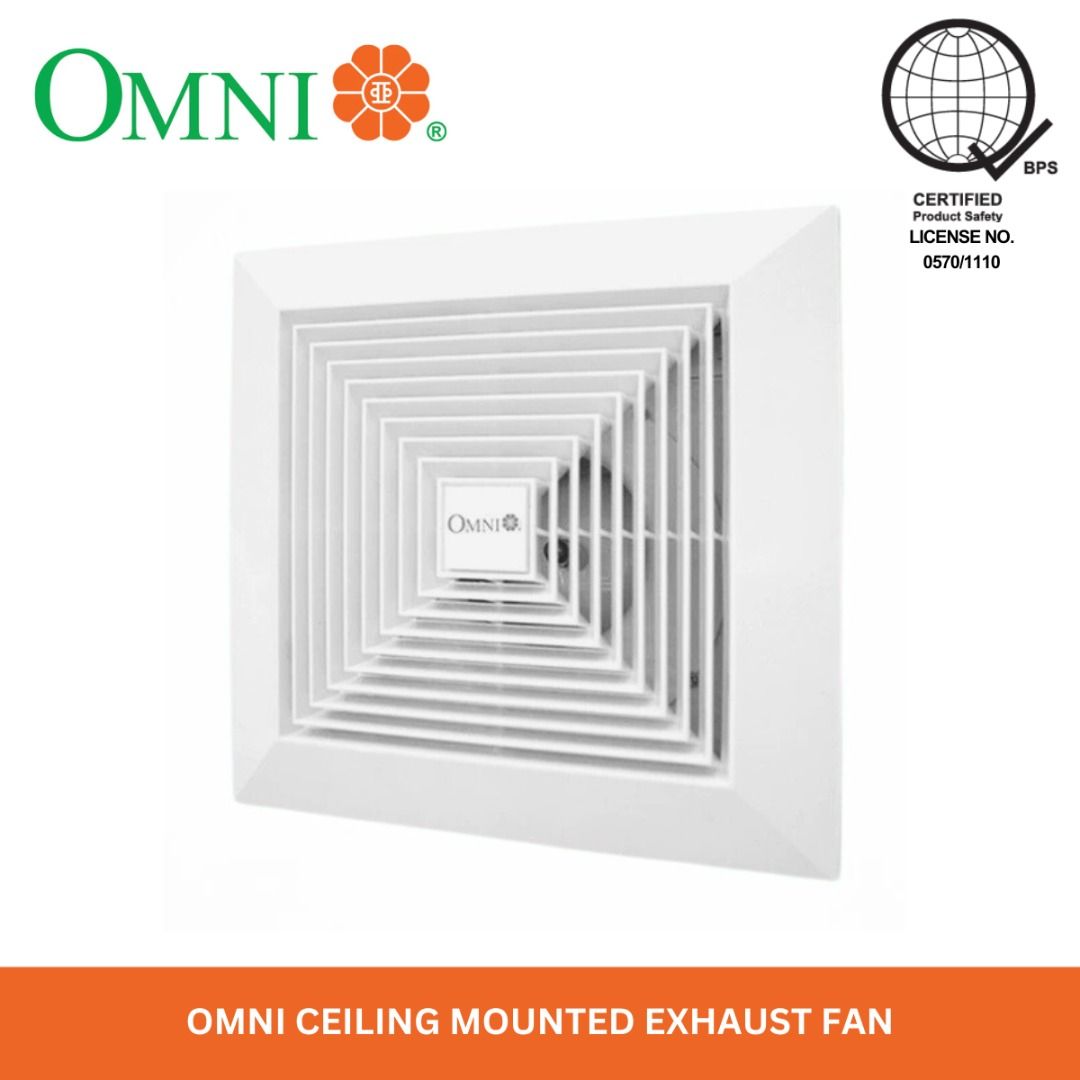 OMNI Ceiling Mounted Exhaust Fan 8" Model XFC-200 (Category: Fans) located in Quezon City. Submitted by mo.me (Listing ID 1465897628, Image 2). Description: - Brand/Model: OMNI XFC-200 Ceiling Mounted Exhaust Fan - Size: 8-inch with a sleek white square louver grille - Ideal For: Bathrooms, kitchens, and small rooms needing proper ventilation - Safety: BPS certified (License No. 0570/1110) - Design: Round duct connection with a side exhaust outle