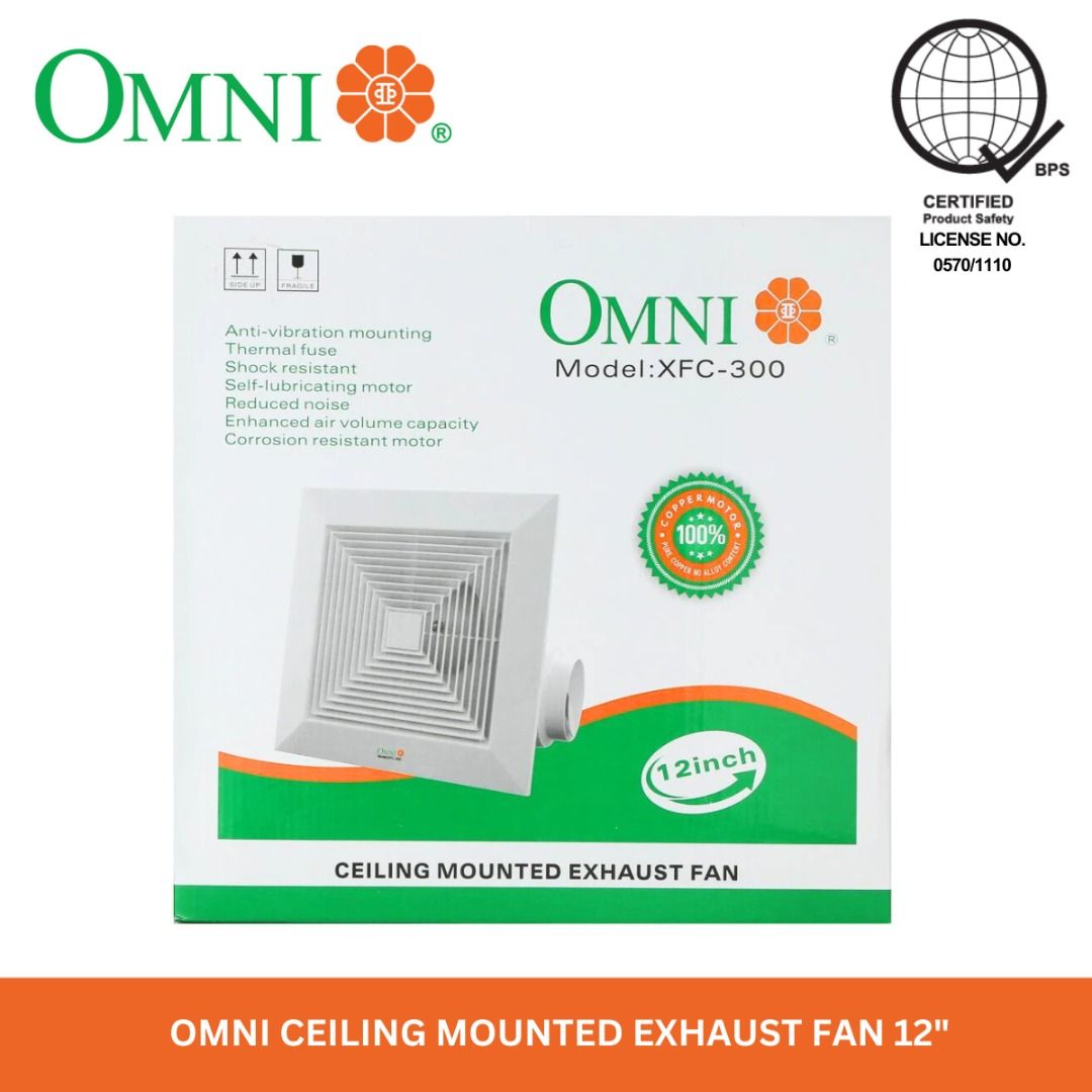 OMNI Ceiling Mounted Exhaust Fan 8" Model XFC-200 (Category: Fans) located in Quezon City. Submitted by mo.me (Listing ID 1465897628, Image 1). Description: - Brand/Model: OMNI XFC-200 Ceiling Mounted Exhaust Fan - Size: 8-inch with a sleek white square louver grille - Ideal For: Bathrooms, kitchens, and small rooms needing proper ventilation - Safety: BPS certified (License No. 0570/1110) - Design: Round duct connection with a side exhaust outle