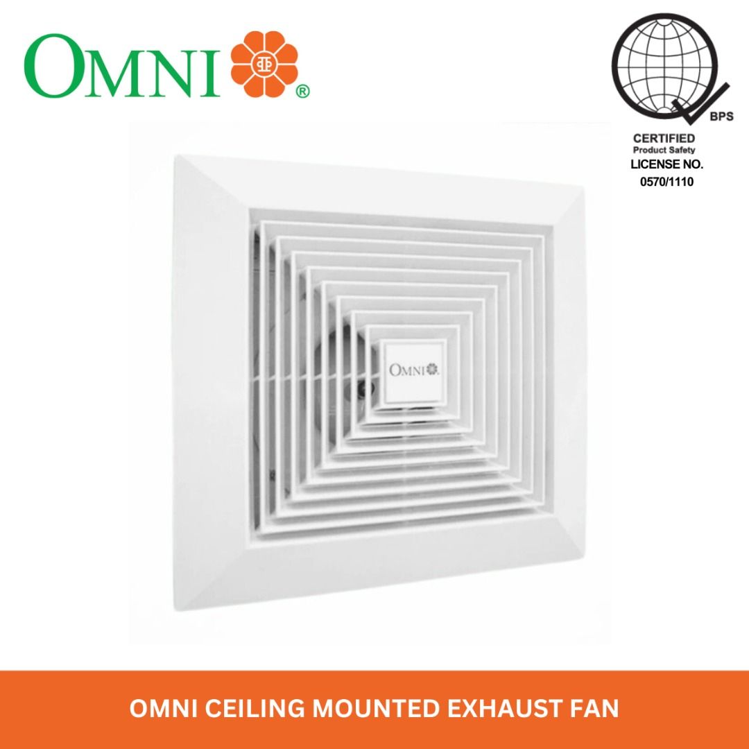 OMNI Ceiling Mounted Exhaust Fan 8" Model XFC-200 (Category: Fans) located in Quezon City. Submitted by mo.me (Listing ID 1465897628, Image 3). Description: - Brand/Model: OMNI XFC-200 Ceiling Mounted Exhaust Fan - Size: 8-inch with a sleek white square louver grille - Ideal For: Bathrooms, kitchens, and small rooms needing proper ventilation - Safety: BPS certified (License No. 0570/1110) - Design: Round duct connection with a side exhaust outle