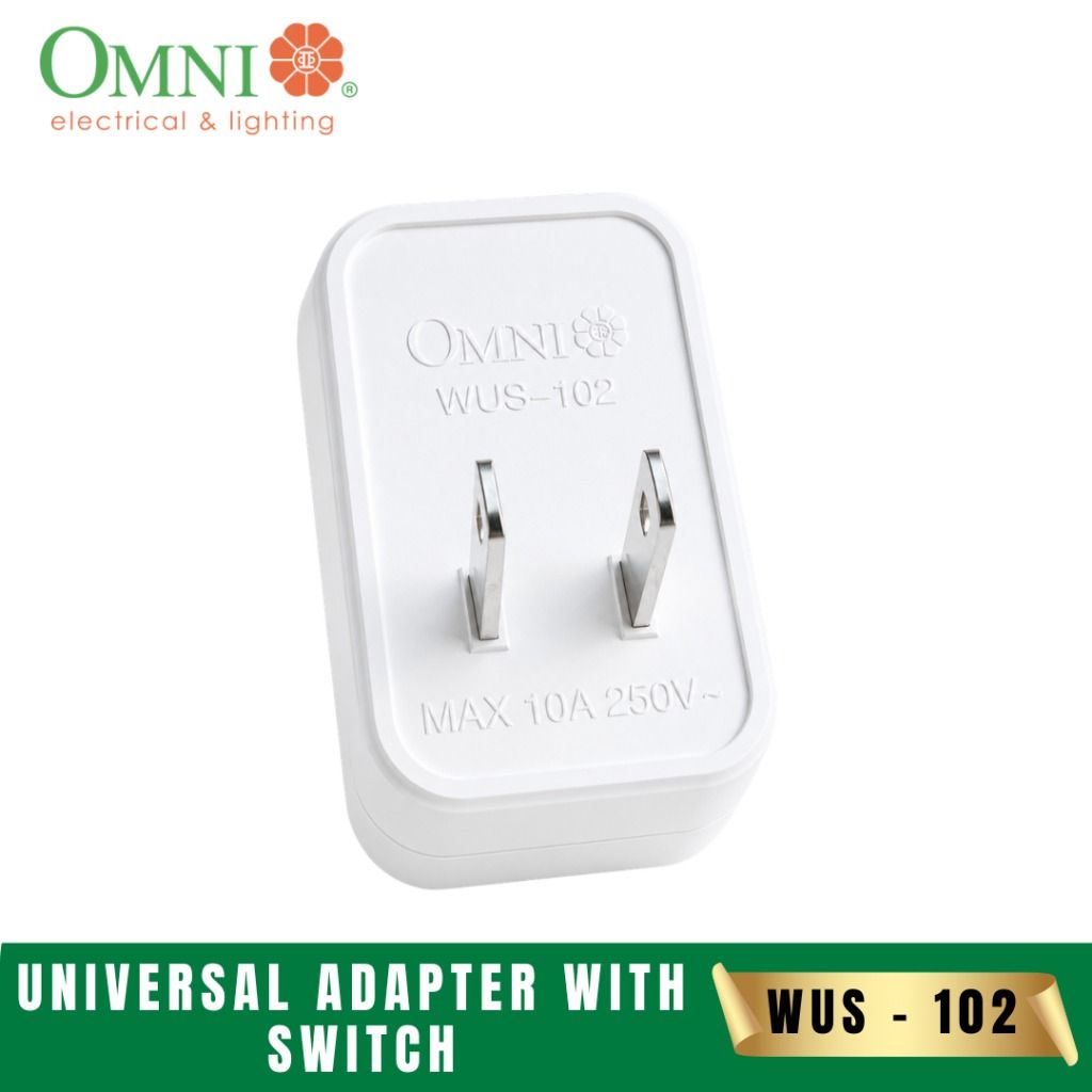 Omni Universal Adapter with Switch WUS-102 (Category: Cables & Adaptors) located in Quezon City. Submitted by mo.me (Listing ID 1465762479, Image 2). Description: - Brand/Model: Omni Universal Adapter WUS-102 - Built-in power switch allows you to turn devices on/off without unplugging - Versatile design accepts flat, round, angled, and grounded plugs - Premium copper contacts ensure efficient power transfer and secure plug retention - Electrical 