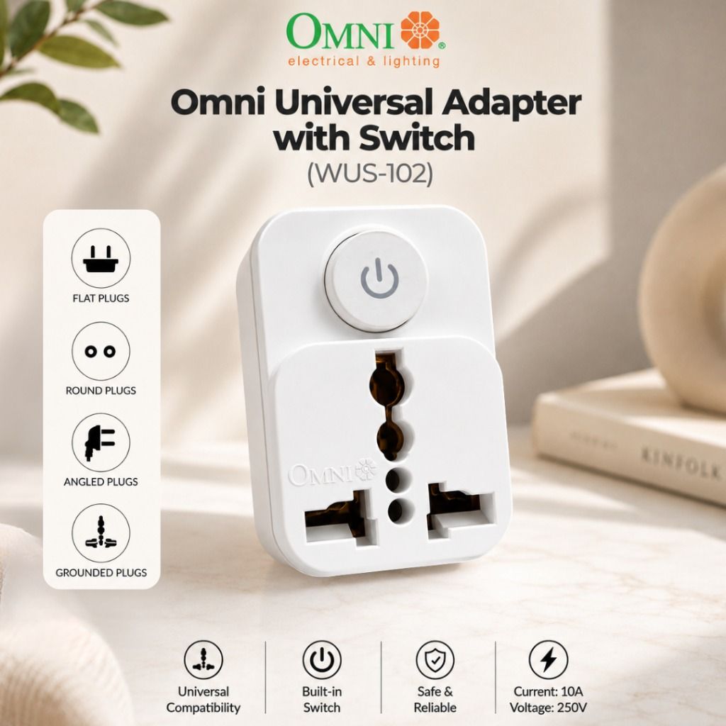 Omni Universal Adapter with Switch WUS-102 (Category: Cables & Adaptors) located in Quezon City. Submitted by mo.me (Listing ID 1465762479, Image 3). Description: - Brand/Model: Omni Universal Adapter WUS-102 - Built-in power switch allows you to turn devices on/off without unplugging - Versatile design accepts flat, round, angled, and grounded plugs - Premium copper contacts ensure efficient power transfer and secure plug retention - Electrical 