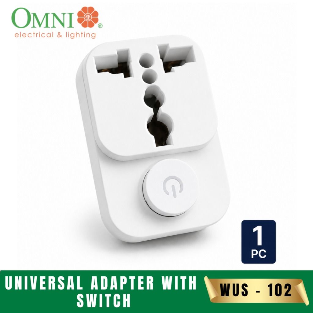 Omni Universal Adapter with Switch WUS-102 (Category: Cables & Adaptors) located in Quezon City. Submitted by mo.me (Listing ID 1465762479, Image 1). Description: - Brand/Model: Omni Universal Adapter WUS-102 - Built-in power switch allows you to turn devices on/off without unplugging - Versatile design accepts flat, round, angled, and grounded plugs - Premium copper contacts ensure efficient power transfer and secure plug retention - Electrical 