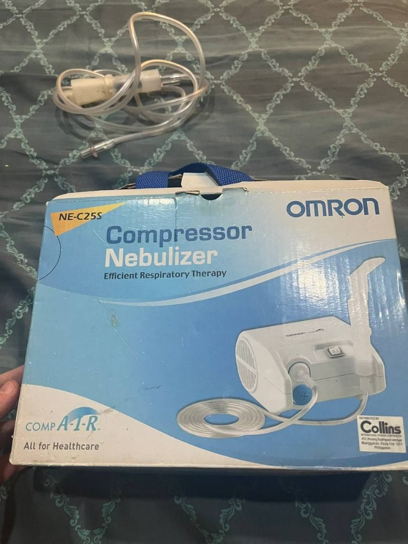 Omron CompAIR NE-C25S Compressor Nebulizer – Tested & Working (Category: Medical Supplies & Tools) located in Caloocan City. Submitted by greyraine227203 (Listing ID 1465907510, Image 1). Description: Tested and working properly. - Includes original box and Omron carrying case - Power cord included - Plug adapter/converter not included - Has cosmetic signs of use/storage; please see photos - For hygiene purposes, buyer should replace the nebulize
