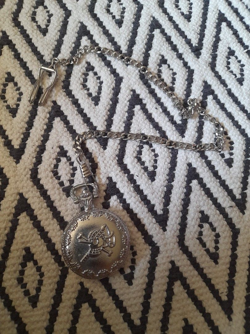 One Piece Usopp Pocket Watch with Chain (Category: Men's Watches) located in Bocaue. Submitted by marajapansurplus (Listing ID 1465788680, Image 2). Description: - Selling g as it is - untested, need battery replacement - Silver-tone pocket watch featuring One Piece character Usopp - Black dial face with classic Roman numerals and analog quartz movement - Detailed anime motif on the front cover - Includes a matching chain and convenient belt clip