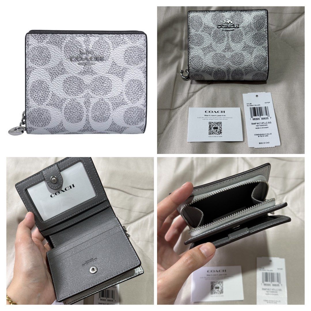 Original Coach Snap Wallet (Category: Wallets & Card holders) located in Marikina City. Submitted by welllovedbycarina (Listing ID 1465805756, Image 1). Description: 🩶 Guarantee original Coach Snap Wallet 🩶 Metallic Silver Color 🩶 Silver Hardwares 🩶 Comes with tag and care card only 🩶 Made in Myanmar 🩶 Ready to ship from Marikina City.