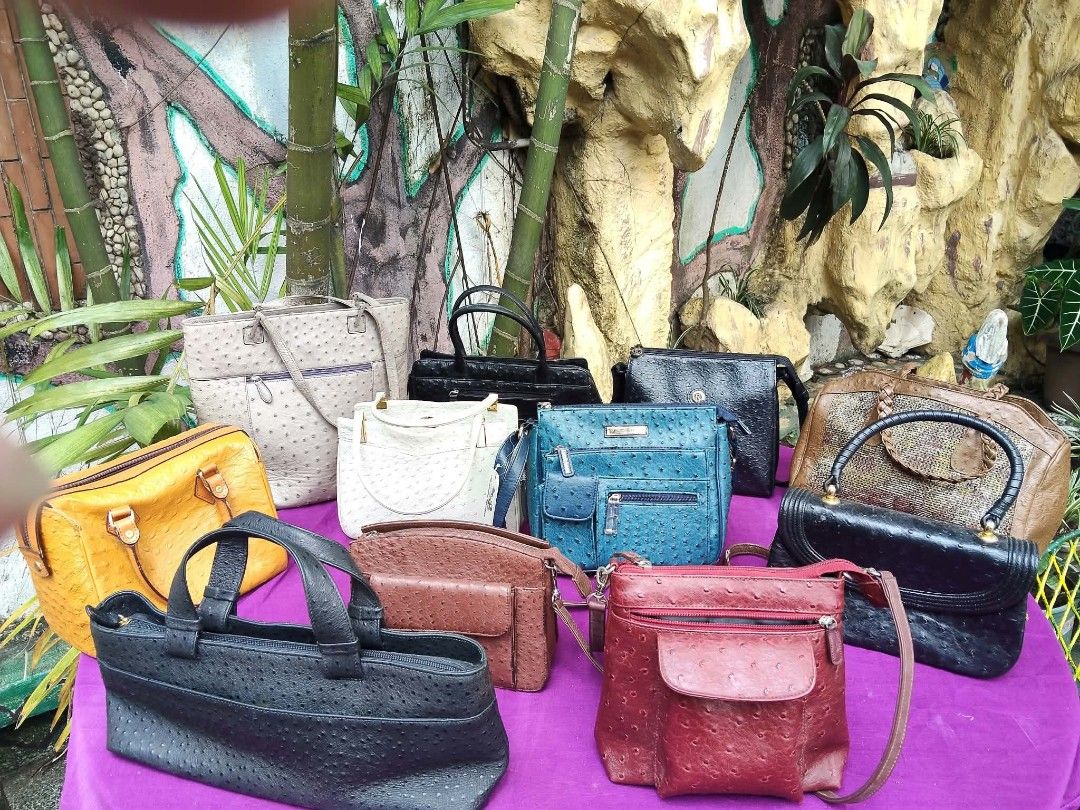 Ostrich Leather Textured Handbags Assorted Colors (Category: Tote Bags) located in Caloocan City. Submitted by kaymatias (Listing ID 1465937701, Image 1). Description: - Material: Ostrich leather texture - Styles: Totes, shoulder bags, and crossbodies - Colors: Teal blue, beige, yellow, black, brown, and red - Features: Multiple compartments and zippered pockets - Hardware: Sturdy handles and adjustable straps included on respective pieces - Pric