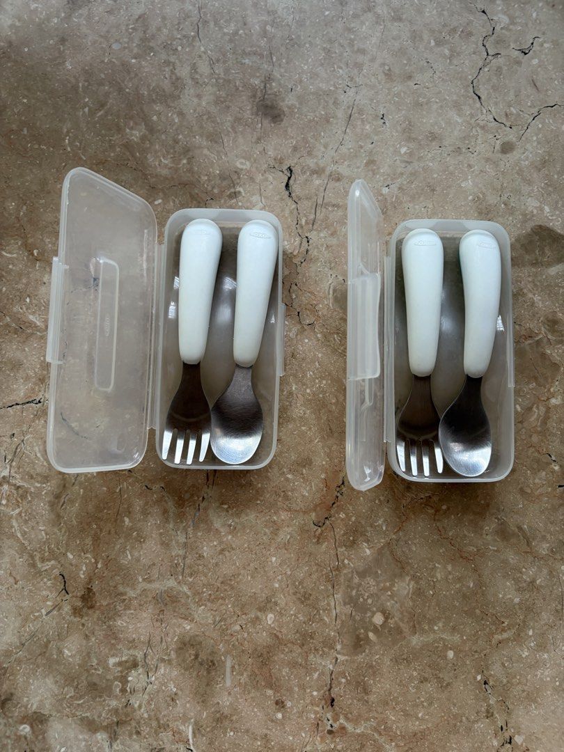 Oxo Tot Fork & Spoon Sets with Travel Case, White Bundle (Category: Dinnerware & Cutlery) located in Quezon City. Submitted by tidyup.lara (Listing ID 1465868127, Image 1). Description: Sold as is Buy both for PHP 250 Condition 8/10: used but in good condition.